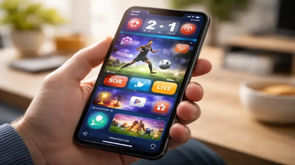 A person holding a smartphone displaying a sports app interface with a live match score, player imagery, and buttons for scores, live viewing, and other features.