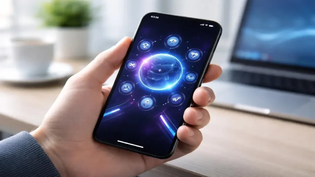 A person holding a smartphone displaying a glowing digital globe surrounded by various app icons, representing global connectivity and multiple features, with a laptop in the background.
