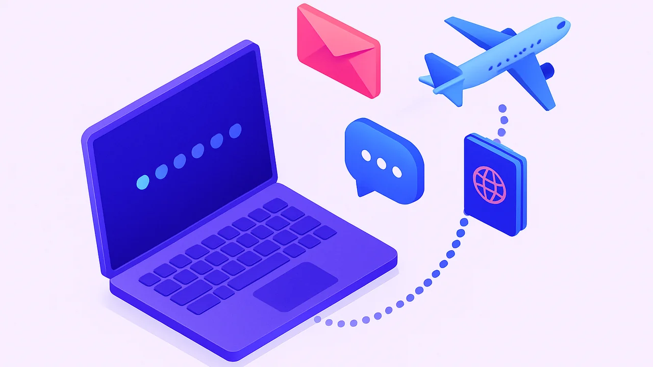 Laptop progress bar and passport for UK travel permit requests, etourist.com